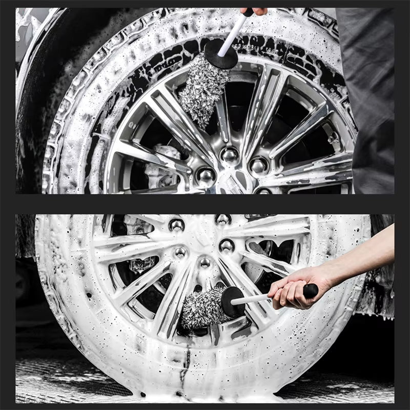 Car Wash Brush Plush Premium Wheels Brush Non-Slip Handle Easy to Cleaning Rims Spokes Wheel Barrel Cleaning Mitt