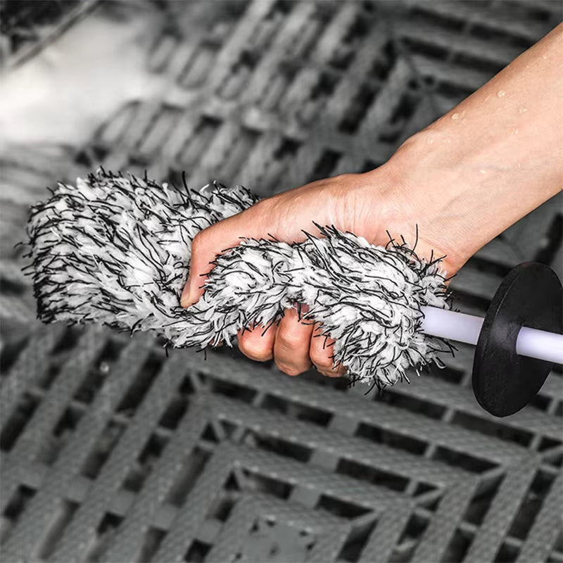 Car Wash Brush Plush Premium Wheels Brush Non-Slip Handle Easy to Cleaning Rims Spokes Wheel Barrel Cleaning Mitt